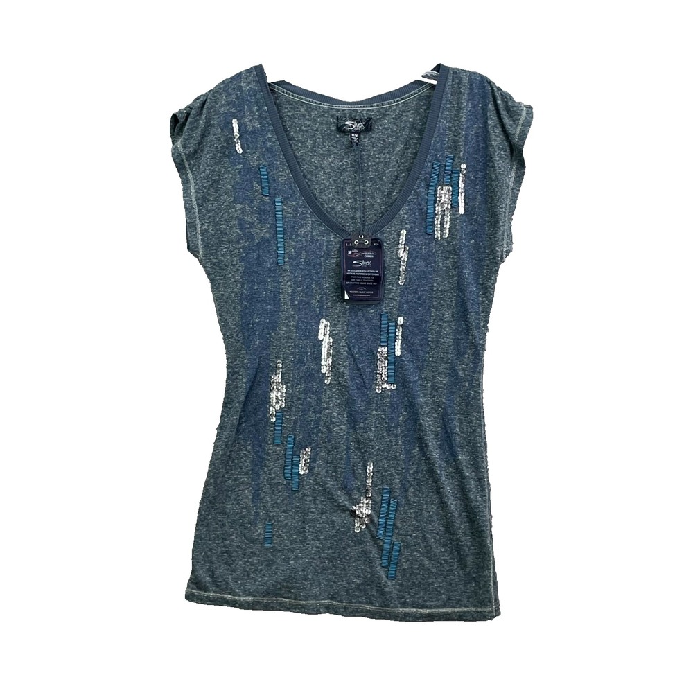 Silver Jeans Co Tunic Top Womens Medium Teal Sequin Beaded V Neck Y2K Gorpcore